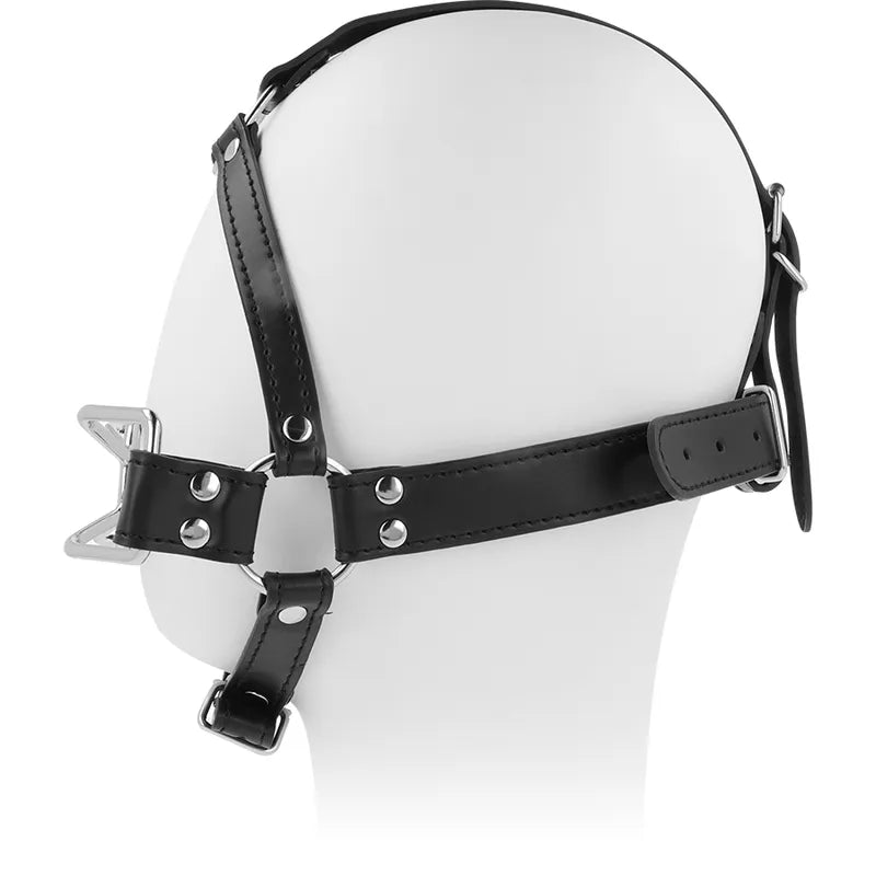 Bâillon harnais BDSM en acier inoxydable avec sangles noires ajustables, design robuste pour jeux fétichistes.