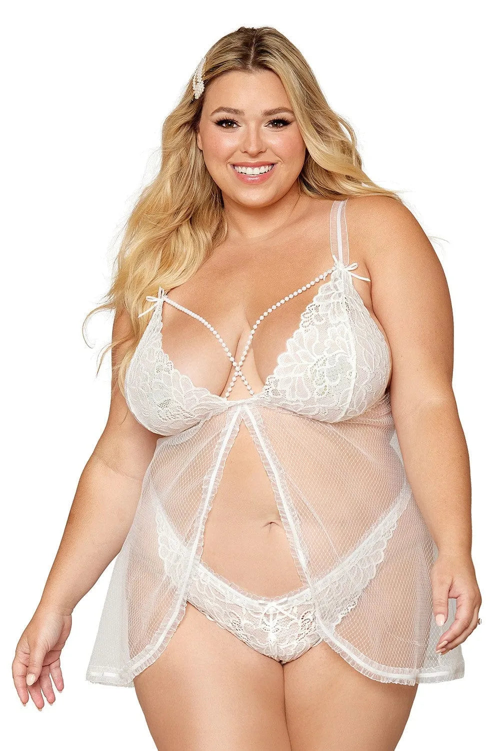 Babydoll Grande Taille Résille Perles Dentelle Blanche
