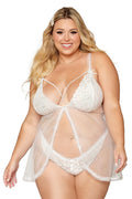Babydoll Grande Taille Résille Perles Dentelle Blanche