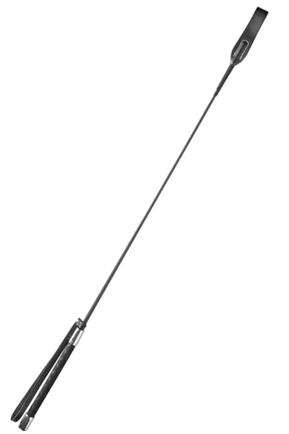 Cravache noire Badine Bdsm 60 cm avec bout en tapette et poignée dragonne, rigide pour sensation intense.