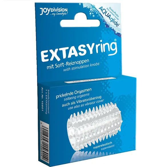 Bague Extasy transparente avec boutons doux, structure élastique pour couples, intensifie le plaisir intime.