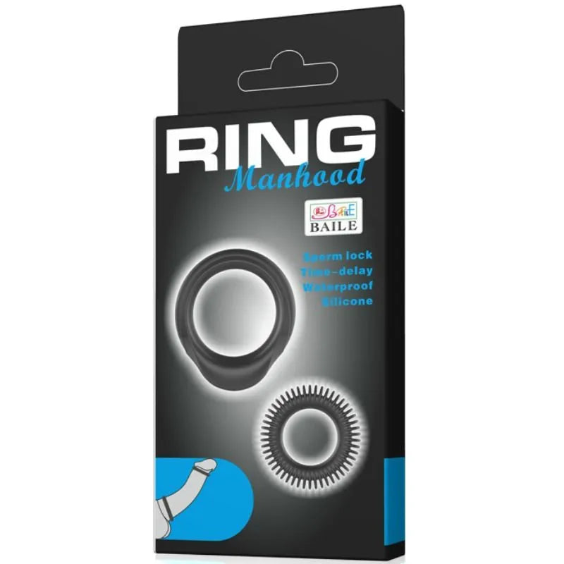 Bagues retardatrices d'éjaculation en silicone noir, forme circulaire, sur emballage noir et bleu avec texte descriptif.