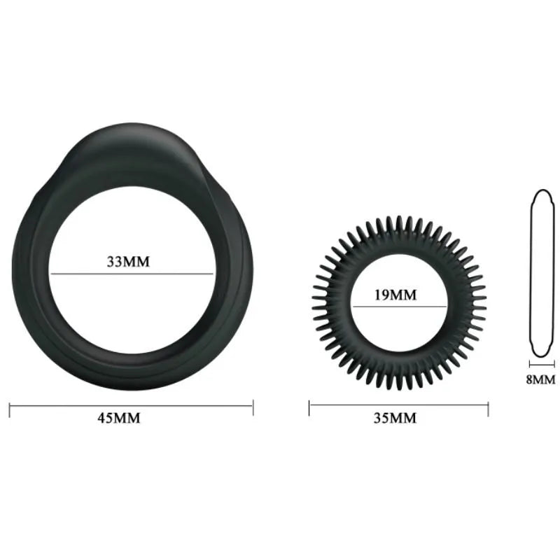 Bagues retardatrices d'éjaculation en silicone noir, formes variées, dimensions indiquées, pour prolonger le plaisir intime.