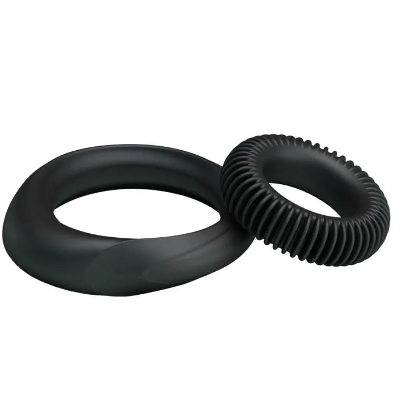 Bagues retardatrices d'éjaculation en silicone noir, lisse et nervurée, pour prolonger le plaisir intime.