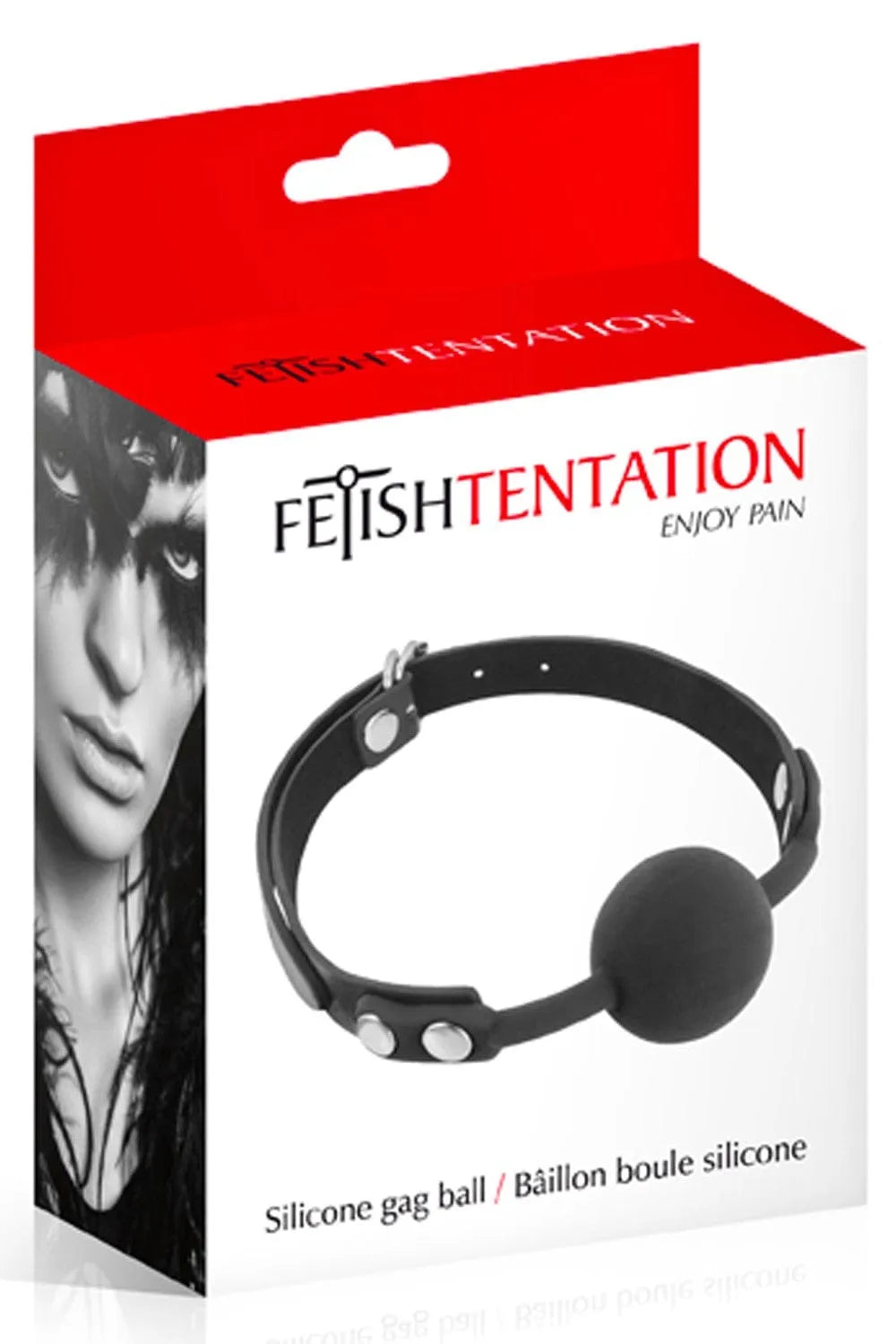 Baillon BDSM noir en silicone avec sangle réglable, emballage rouge et blanc, design élégant et hygiénique.