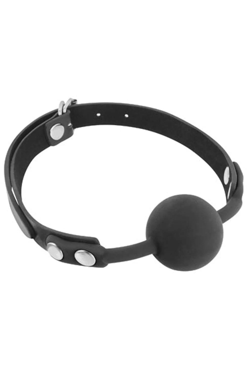 Baillon BDSM noir avec boule en silicone et sangle réglable, adapté pour circonférences de tête de 42 à 57 cm.