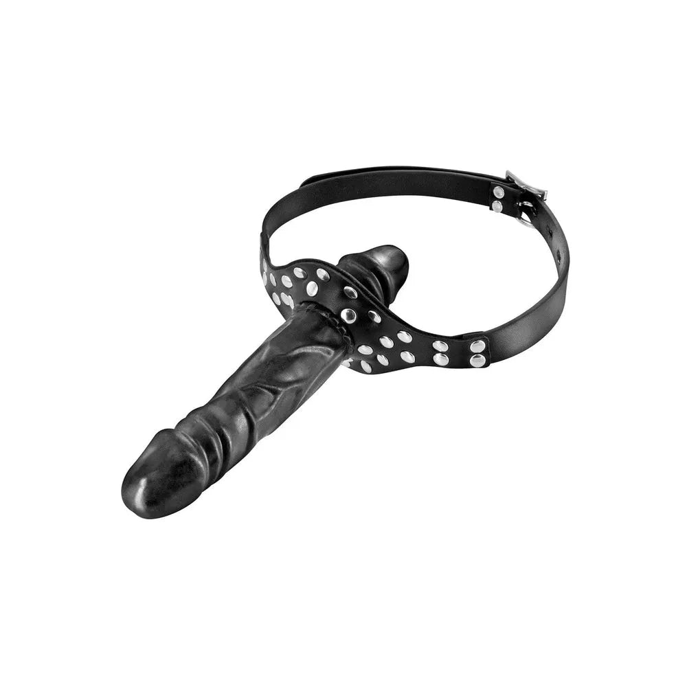 Baillon BDSM noir avec rivets argentés, double gode en TPE, réglable, pour exploration fétichiste et contrôle.