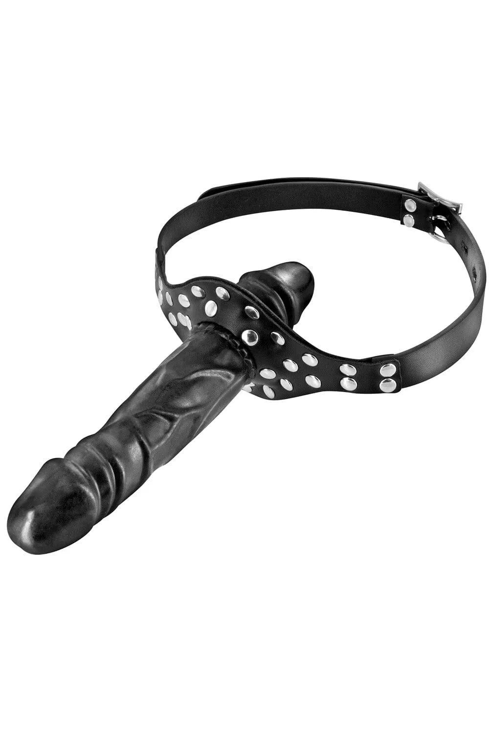 Baillon BDSM noir avec rivets argentés, double gode en TPE, réglable, pour plaisir et contrôle, sans phtalate.