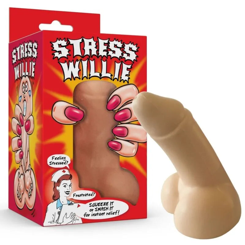 Balle anti-stress en forme de pénis beige, accessoire humoristique pour détente féminine, avec boîte colorée.