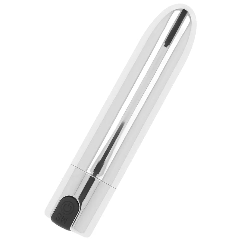 Balle vibrante argentée rechargeable USB, finition lisse et élégante, forme cylindrique, sans phtalates, portable.