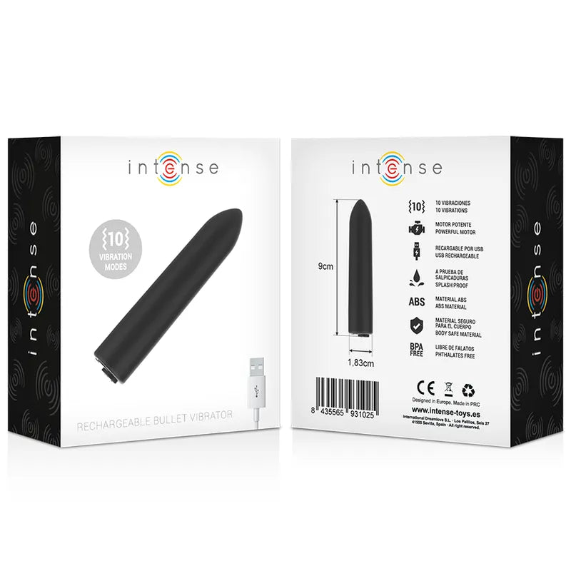 Balle vibrante noire compacte USB, 8,5 cm, 10 modes, design discret, emballage Intense, câble de recharge inclus.