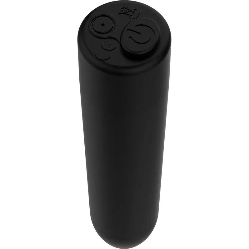 Balle vibrante compacte noire, rechargeable USB, 8,5 cm, avec boutons de contrôle, design discret et moderne.