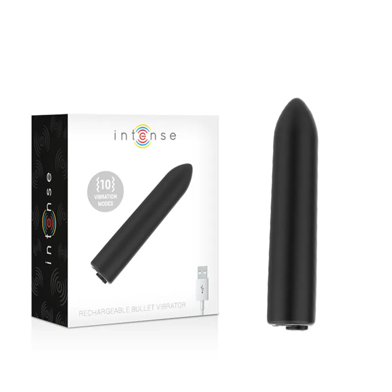 Balle vibrante noire compacte, rechargeable USB, 8,5 cm, avec boîte, 10 modes de vibration, design discret et puissant.