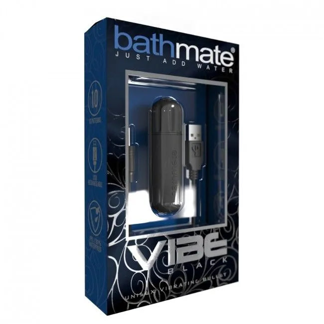 Balle vibrante noire pour hydrothérapie, rechargeable USB, dans un emballage bleu avec câble USB visible.