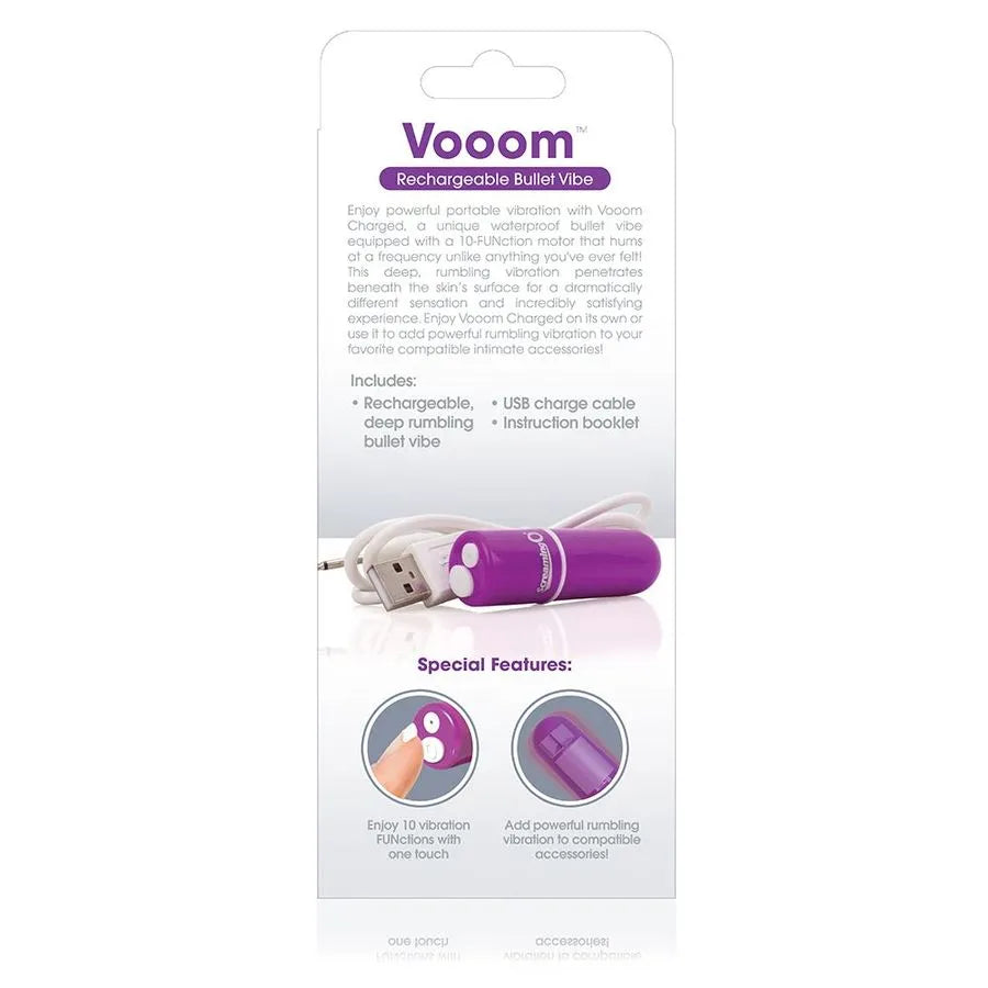 Balle vibrante lilas rechargeable USB, compacte, submersible, avec câble de recharge, sur fond blanc.