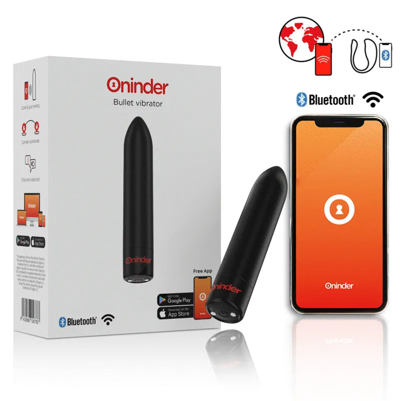 Balle vibrante noire étanche Oninder, forme élancée, contrôlable via Bluetooth, boîte et application mobile visibles.