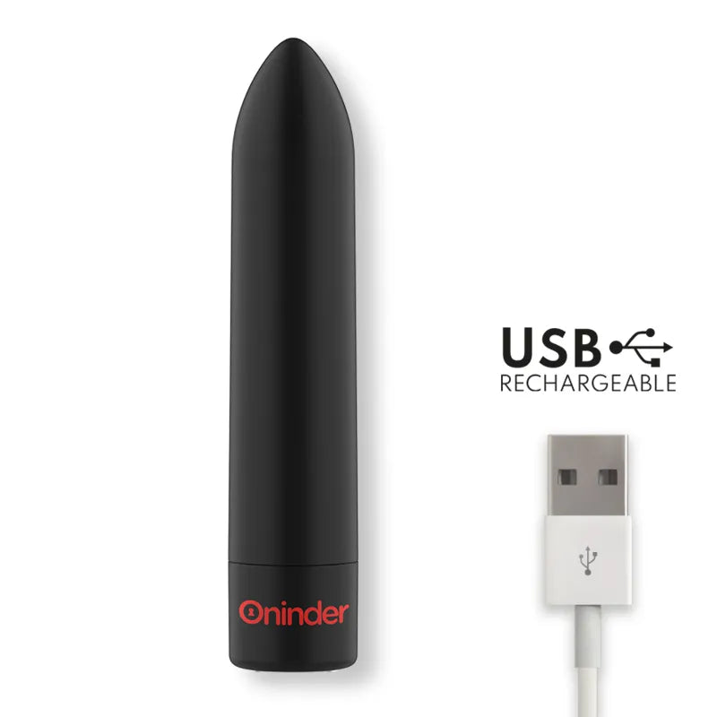 Balle vibrante noire étanche Oninder, forme élégante, contrôlable via Bluetooth, avec câble USB pour recharge.
