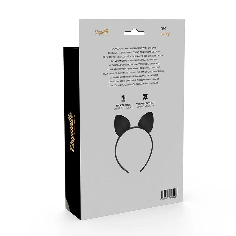 Bandeau en cuir végétalien noir avec oreilles de chat, accessoire ludique et élégant, emballage éco-responsable.