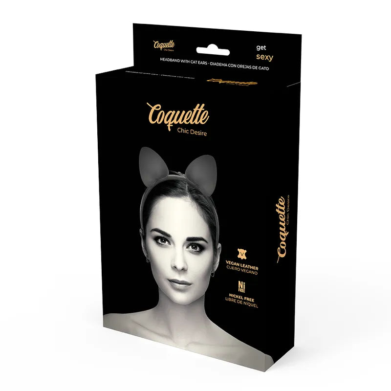 Bandeau noir en cuir végétalien avec oreilles de chat, élégant et ludique, sur fond blanc.