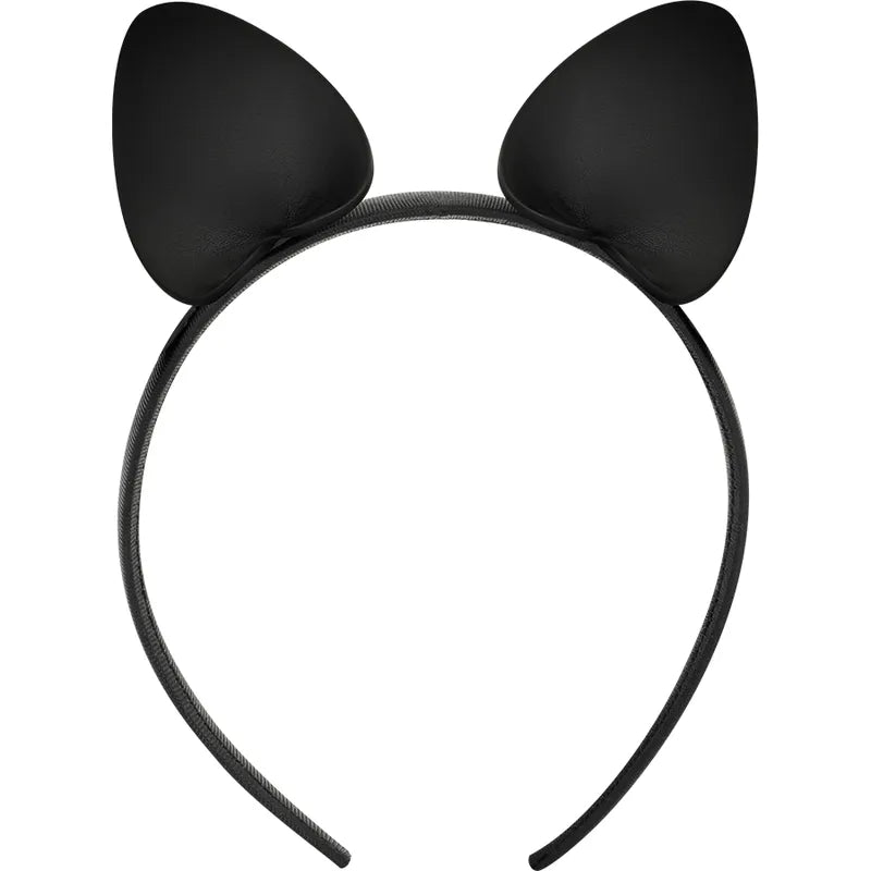 Bandeau noir en cuir végétalien avec oreilles de chat, accessoire ludique et élégant pour tenues fantaisistes.