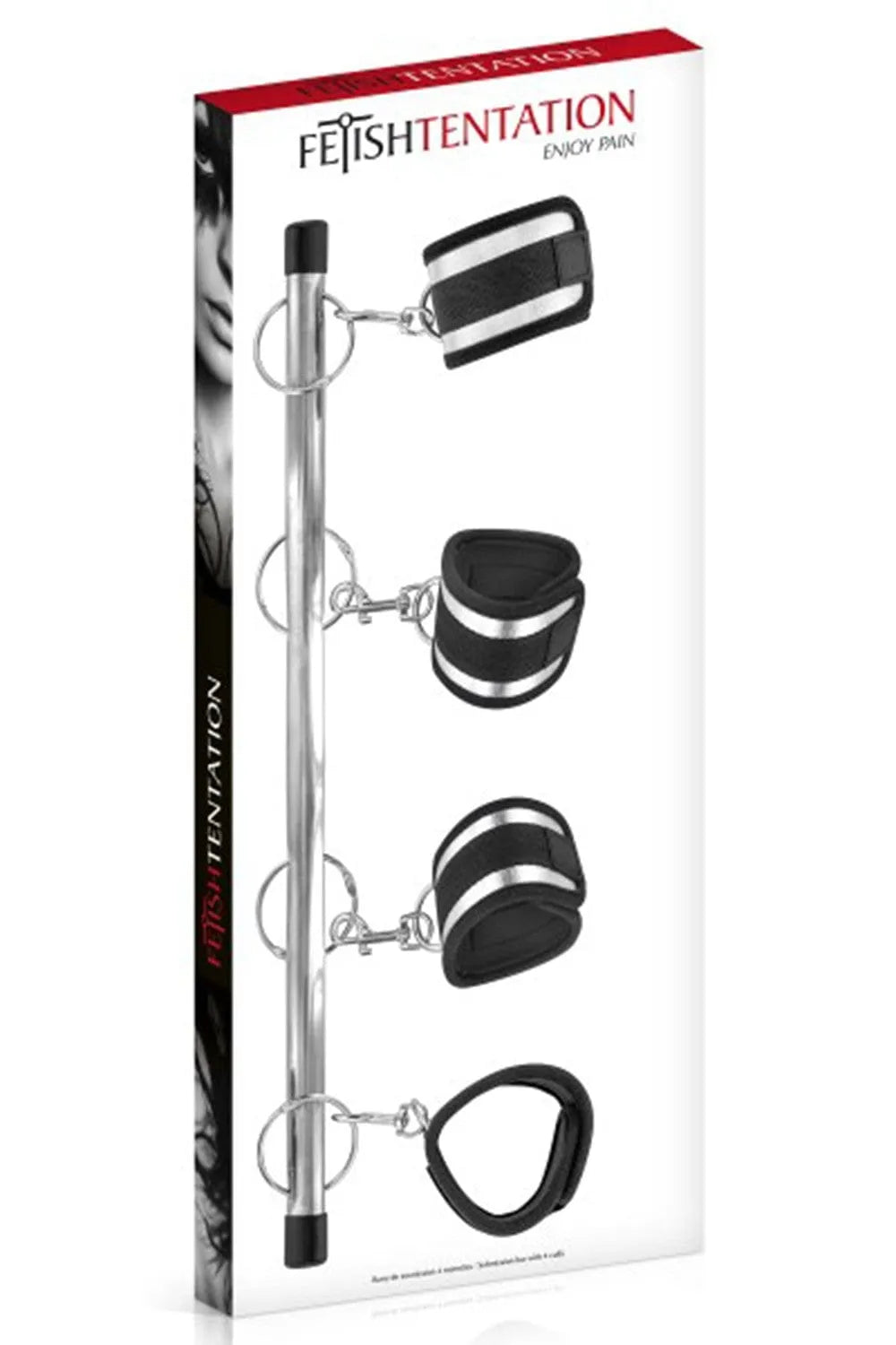 Barre BDSM en métal avec menottes noires ajustables en velcro, système d'attache par mousqueton, pour jeux érotiques.