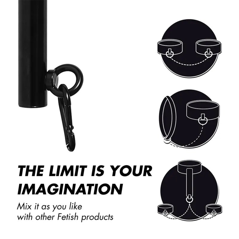 Barre d'écartement BDSM noire modulaire réglable avec crochets, design détachable pour expériences érotiques variées.