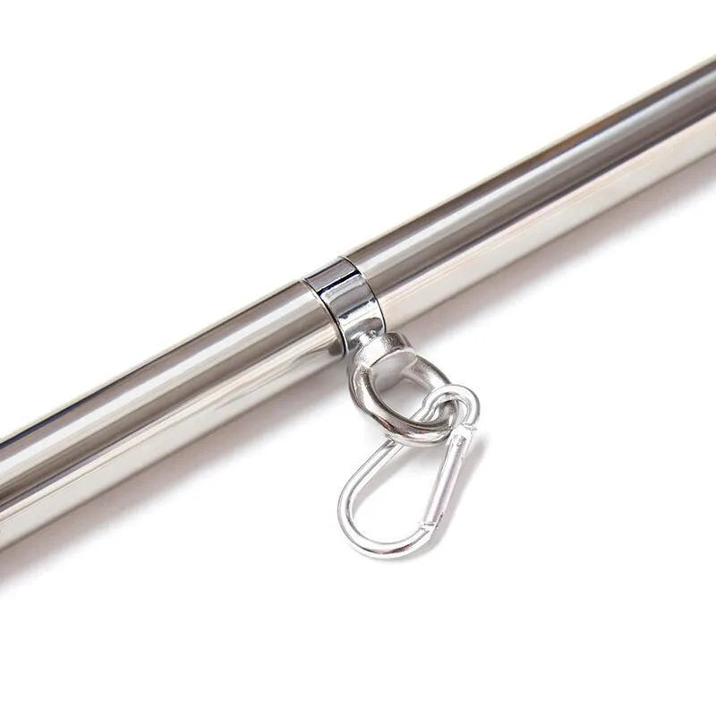 Barre de retenue BDSM en métal argenté, robuste avec anneau de fixation, pour jeux de rôle et fétichisme.