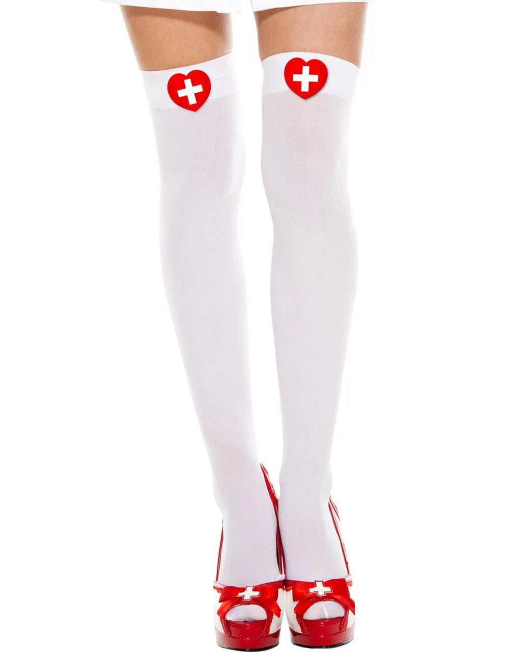Bas blancs opaques en nylon avec motif croix rouge, parfaits pour déguisement d'infirmière sexy, confortables et élégants.