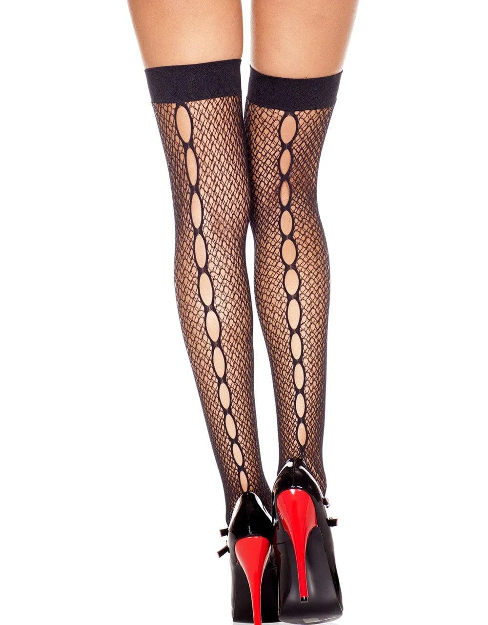 Bas résille noirs avec jarretières opaques, ligne ajourée arrière, 88% Nylon, 12% Spandex, style sexy et abordable.