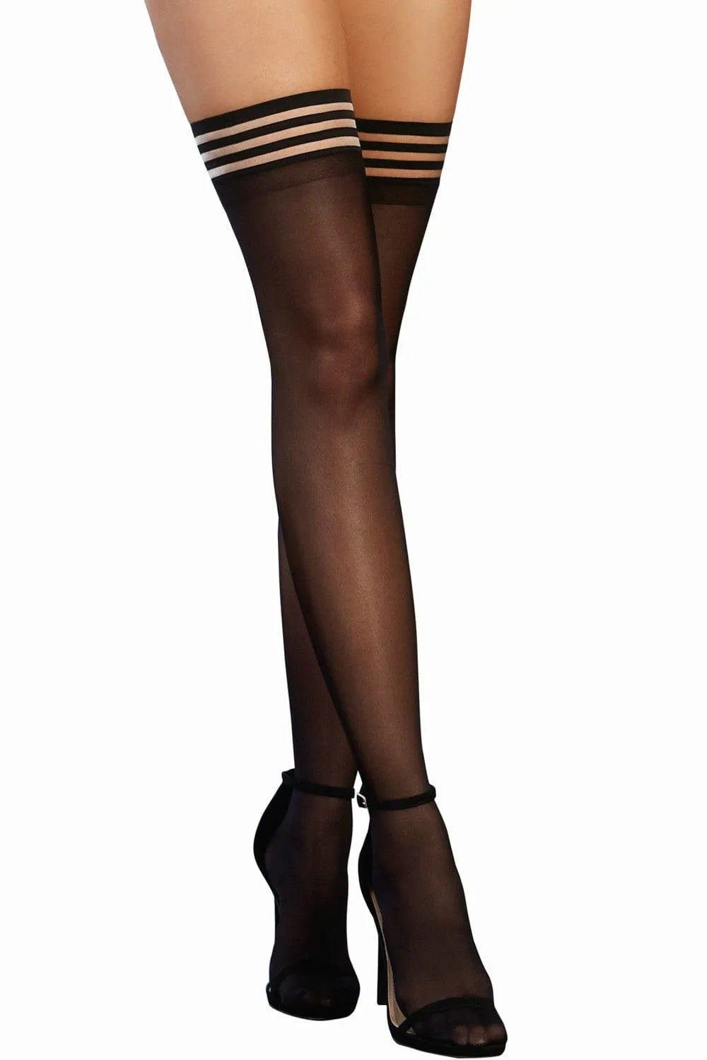 Bas nylon noir avec jarretières rayées élastiques, élégance intemporelle, haute qualité, style sexy et durable.