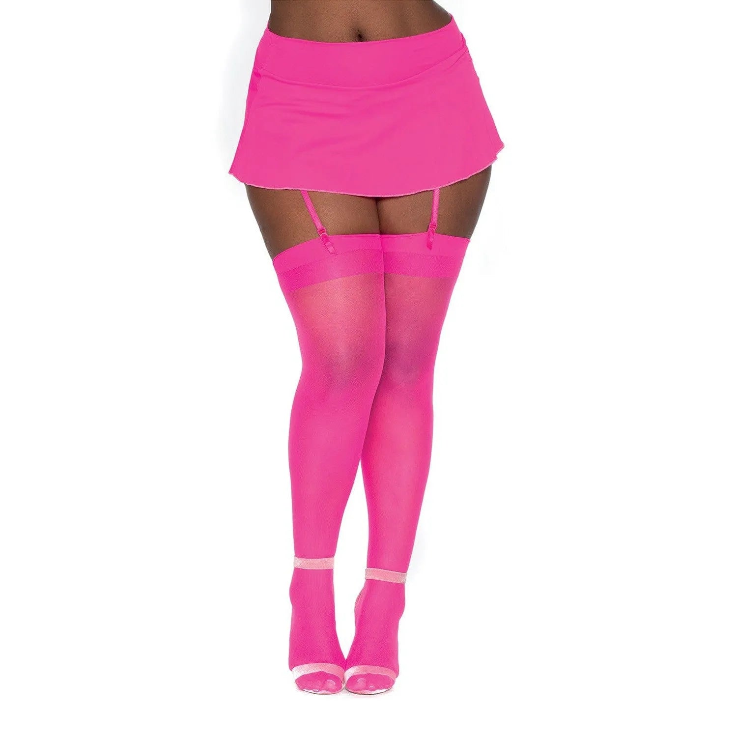 Bas Nylon Rose Néon Semi-Opaque Avec Jarretière