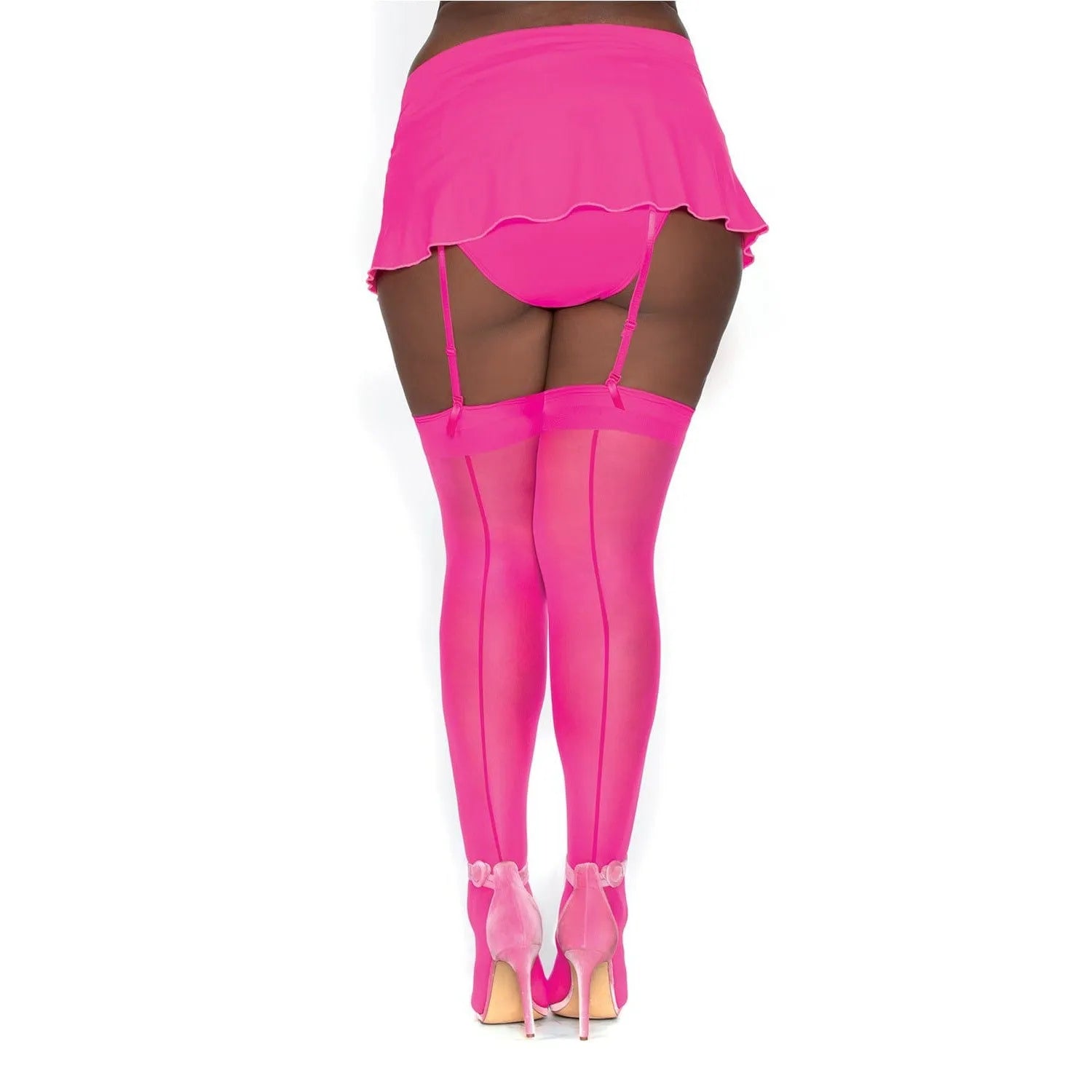 Bas Nylon Rose Néon Grande Taille Avec Jarretières