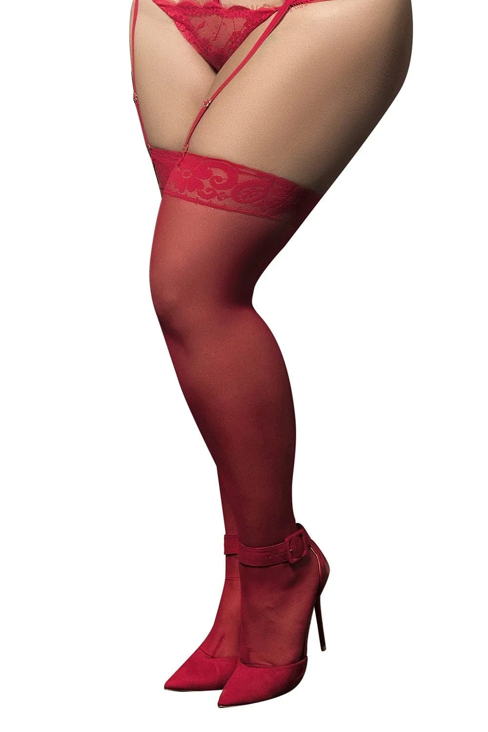 Bas Nylon Rouges Autofixants Grande Taille Avec Jarretière Dentelle