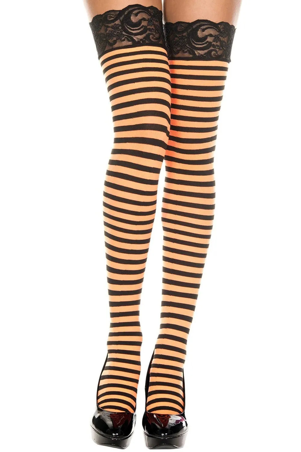Bas Opaques Noirs Rayés Orange Avec Jarretières Dentelle