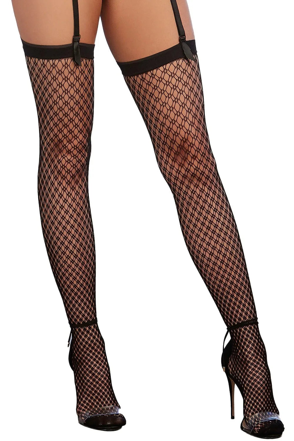 Bas résille à carreaux noirs avec porte-jarretelles, bande unie en haut, élégance et sophistication pour occasions spéciales.