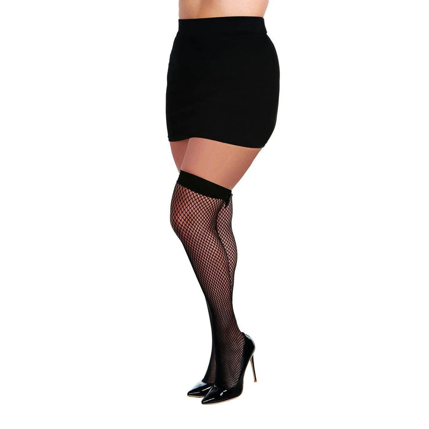 Bas résille grande taille noirs avec jarretière et nœud brillant, allure élégante et séduisante, détail sophistiqué.