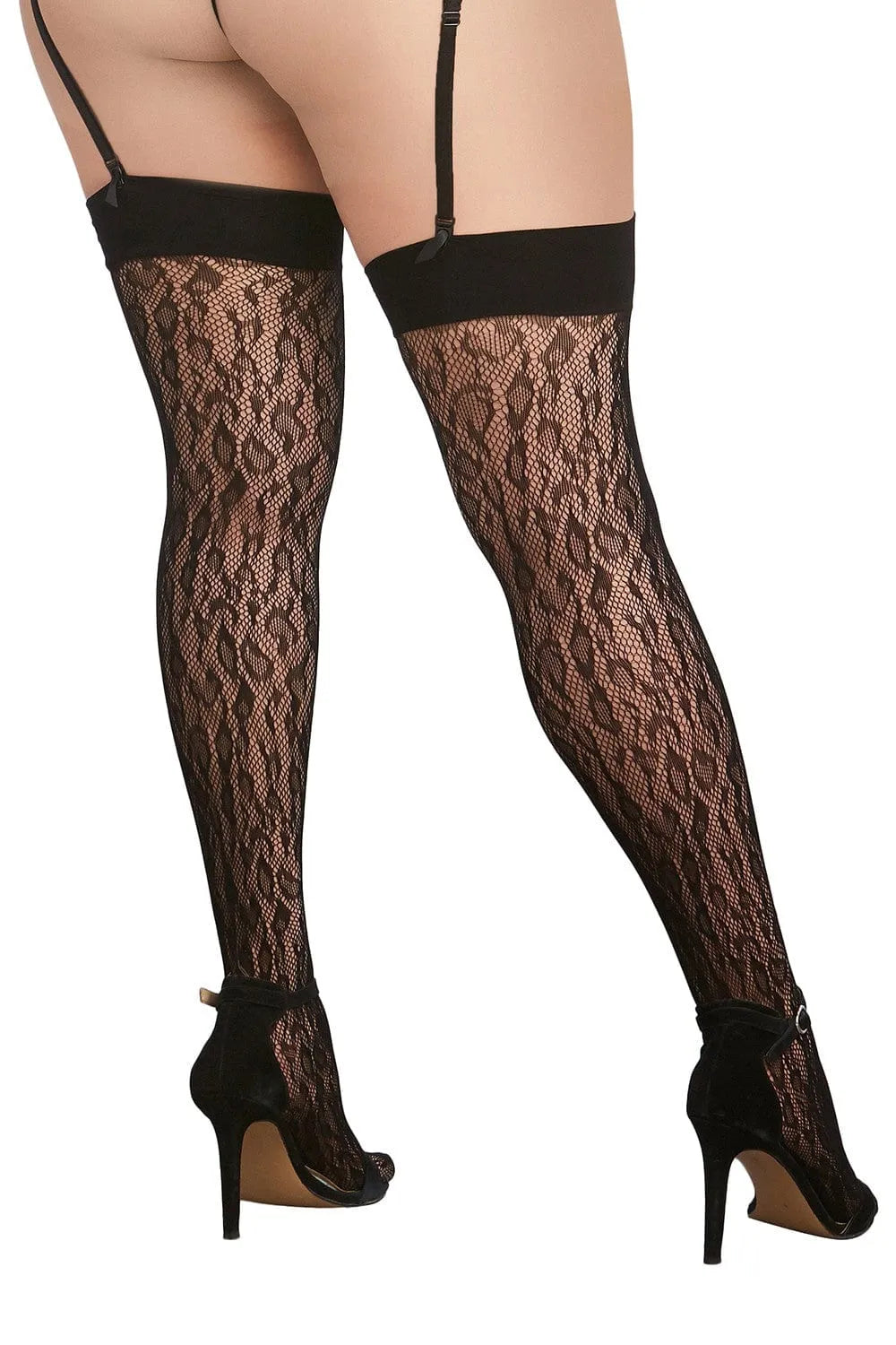 Bas résille grande taille noir motif léopard, bande unie en haut, élégance et sensualité pour toutes les silhouettes.
