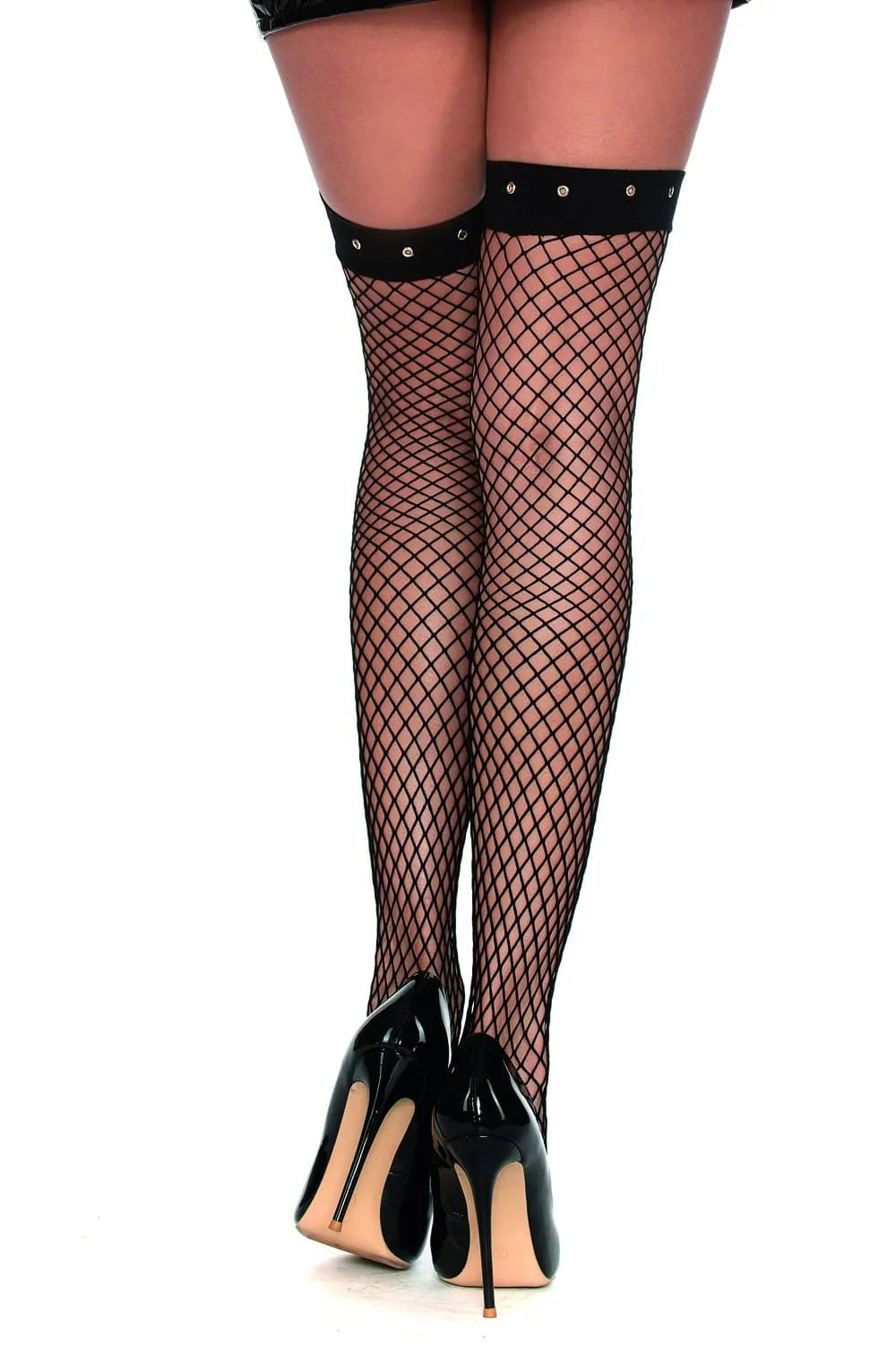 Bas résille noir avec œillets argentés, bande large, ajustement parfait, élégance glamour, nylon et spandex.