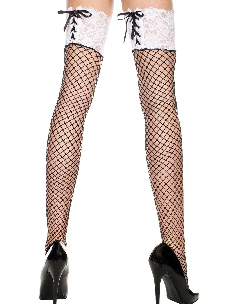 Bas résille noir avec jarretières laçage, design élégant et sophistiqué, ajoutant sensualité et style à votre tenue.