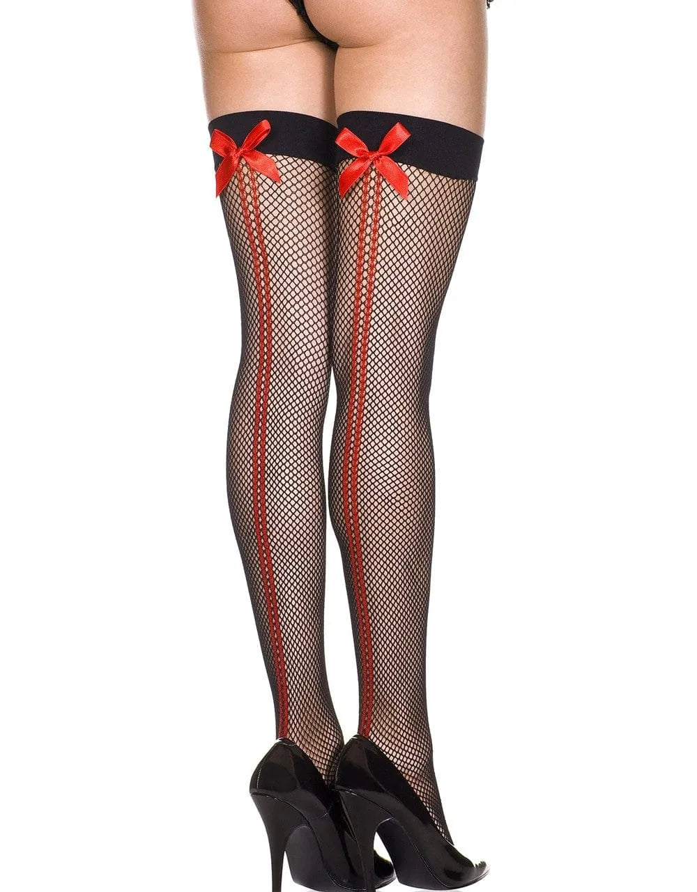 Bas résille noirs avec coutures rouges et nœuds satinés, élégance audacieuse pour sublimer la silhouette féminine.