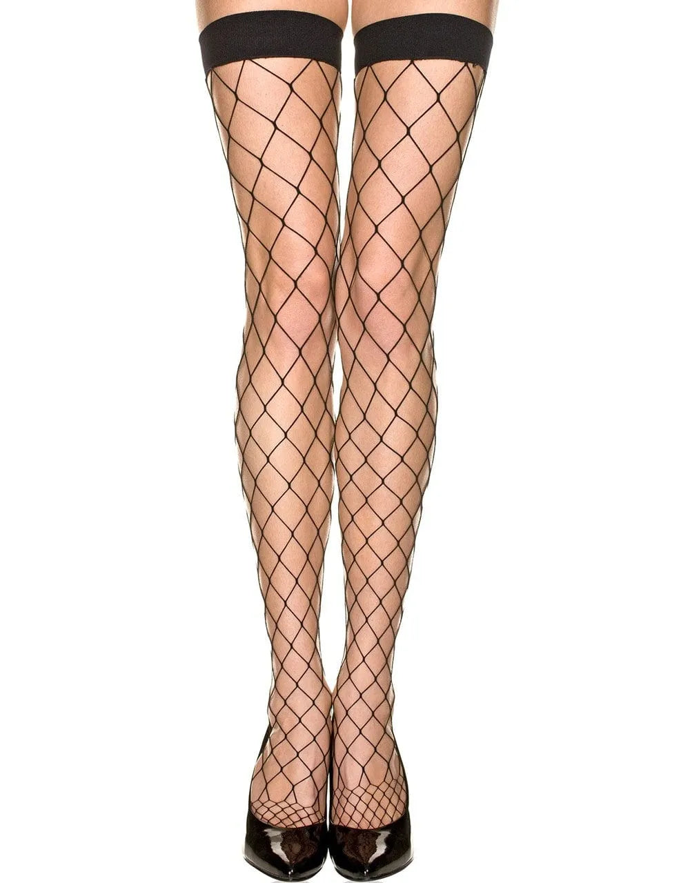 Bas résille noirs élégants, large maille, jarretière opaque, style sophistiqué et audacieux, subliment les jambes.