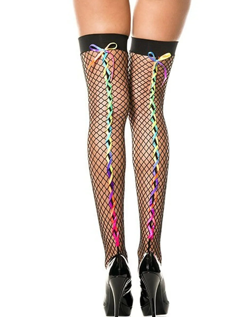 Bas résille noirs autofixants avec rubans arc-en-ciel tressés, look glamour et festif, composition 88% nylon, 12% spandex.
