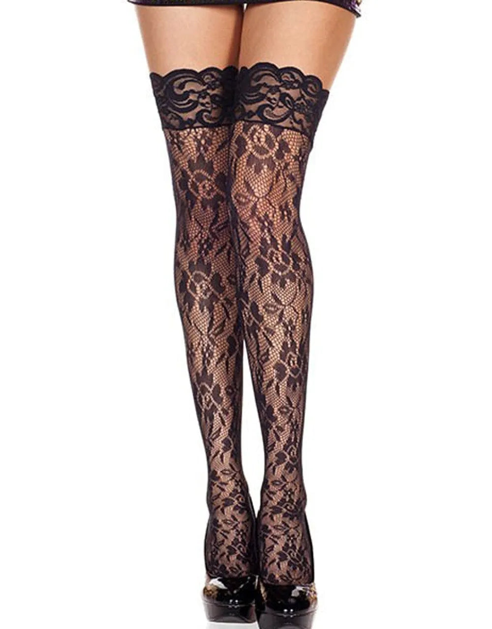 Bas résille noir autofixants, motif floral élégant, jarretières dentelle, allure sensuelle et sexy, jambes attirantes.