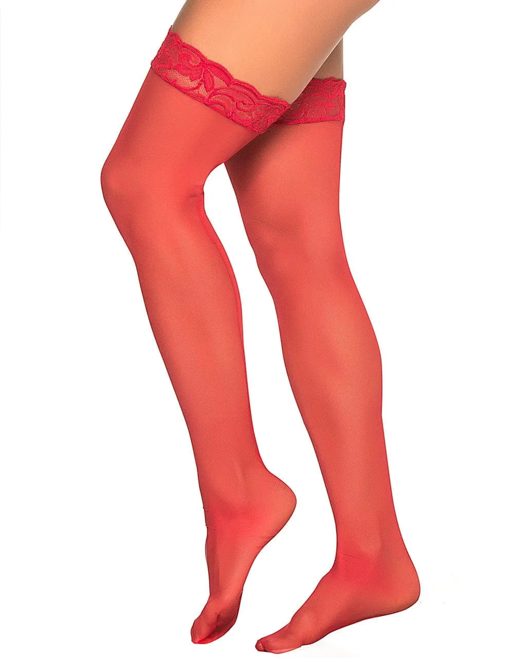 Bas rouges opaques avec jarretière dentelle, bande silicone pour maintien, ajout glamour à votre tenue.