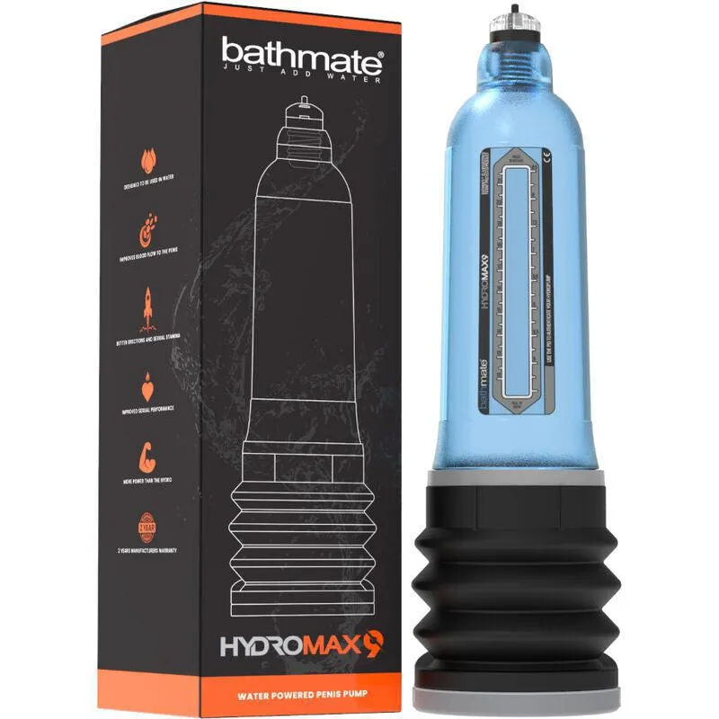 Pompe Bathmate Hydromax 9 bleue, design ergonomique, avec boîte noire et orange, pour extension pénis efficace.
