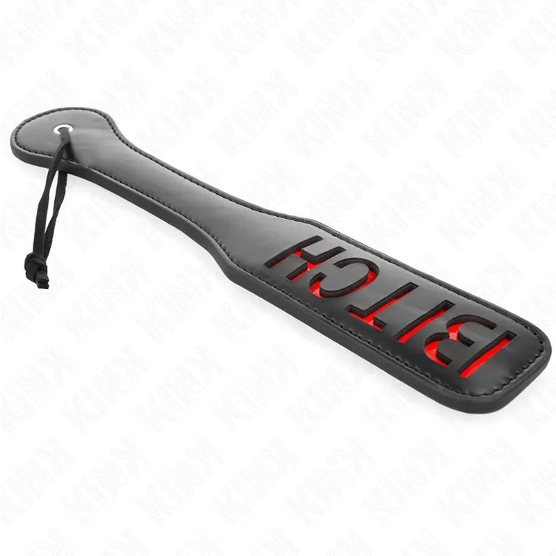 Accessoire BDSM noir et rouge en cuir avec inscription, idéal pour jeux érotiques, haute qualité, marque KINK.