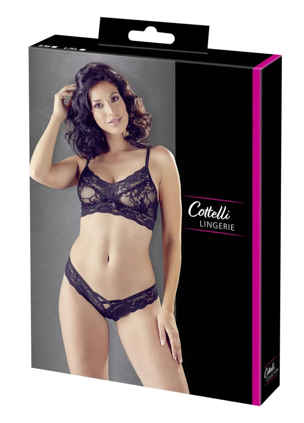 Ensemble lingerie noir dentelle avec soutien-gorge et string, bretelles croisées, design séduisant, boîte Cottelli Lingerie.