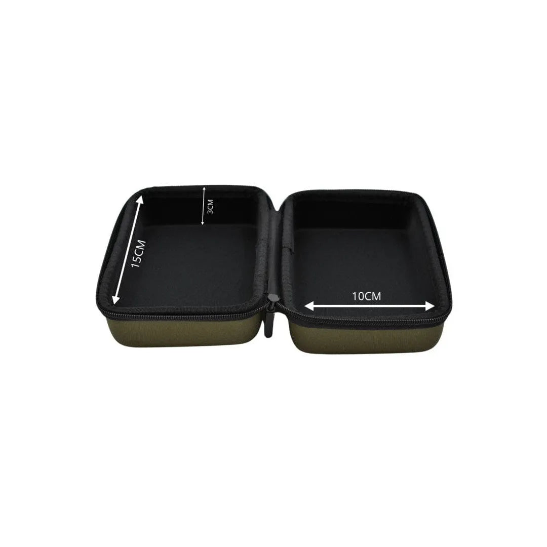 Boîte de rangement kaki compacte en polyester ouverte, intérieur noir, idéale pour accessoires et organisation.