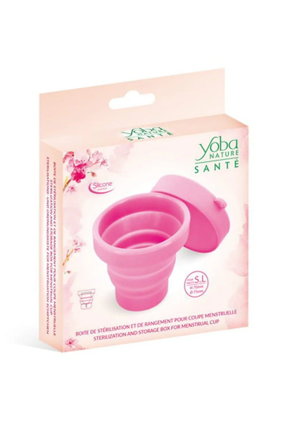 Boîte stérilisation coupe menstruelle silicone pliable rose, compacte, avec couvercle, pour hygiène et transport sécurisé.