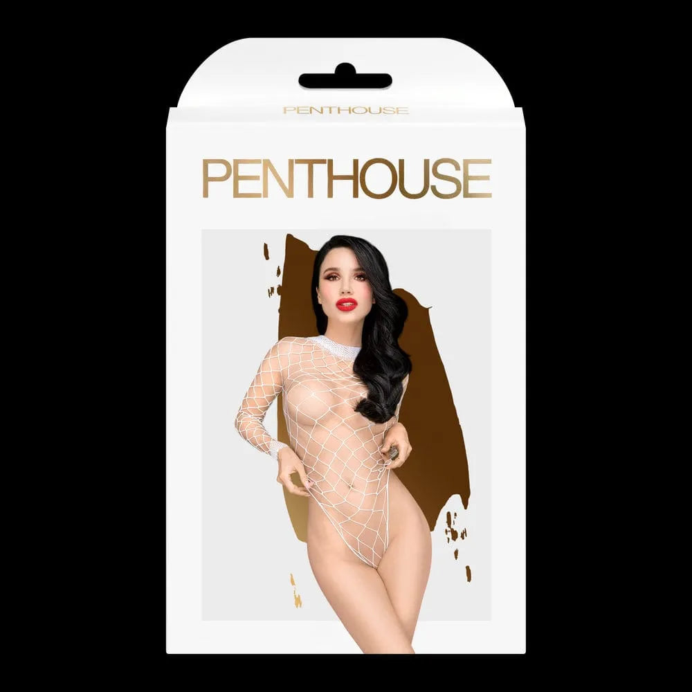 Body blanc en maille élastique, manches longues, ouvert à l'entrejambe, épouse les courbes, style élégant et audacieux.